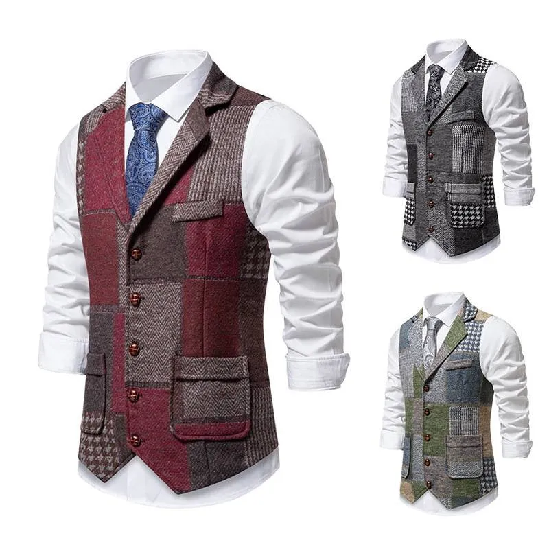 Herren Weste im Patchwork‑Tweed mit Revers und aufgesetzten Taschen Nord Taschen