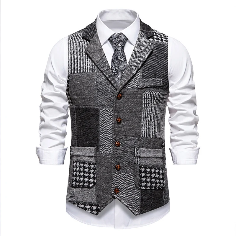 Herren Weste im Patchwork‑Tweed mit Revers und aufgesetzten Taschen Nord Taschen