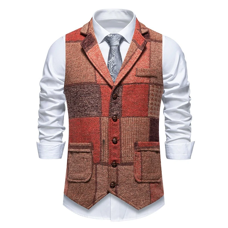 Herren Weste im Patchwork‑Tweed mit Revers und aufgesetzten Taschen Nord Taschen