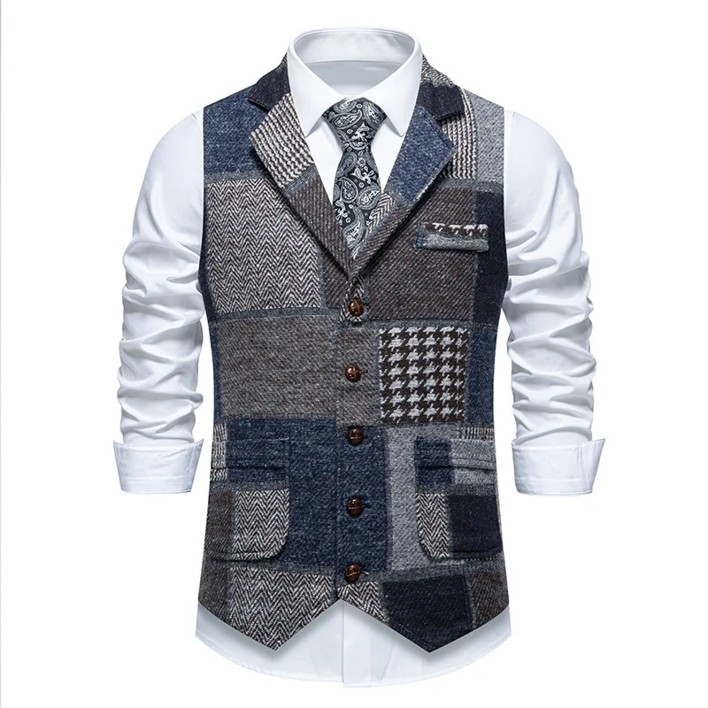 Herren Weste im Patchwork‑Tweed mit Revers und aufgesetzten Taschen Nord Taschen