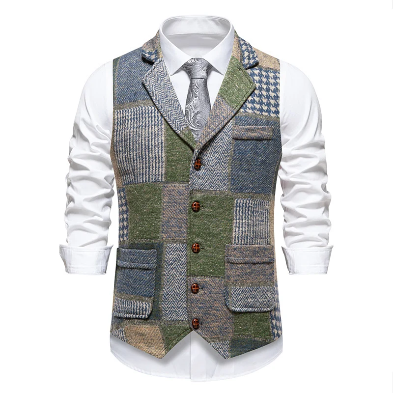 Herren Weste im Patchwork‑Tweed mit Revers und aufgesetzten Taschen Nord Taschen