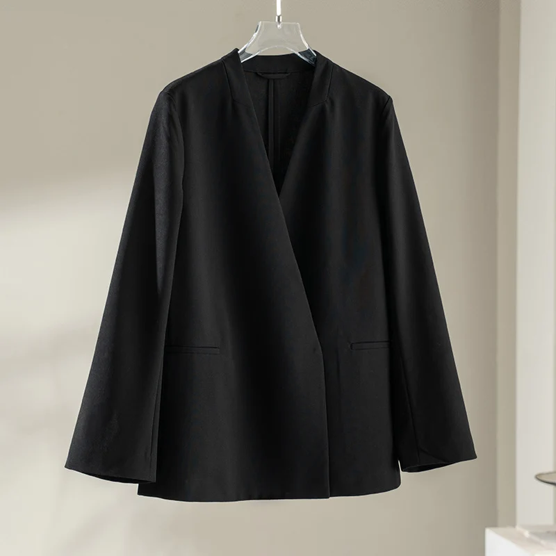 Damen kragenloser Longline-Blazer mit offenem V-Ausschnitt und Eingrifftaschen Nord Taschen