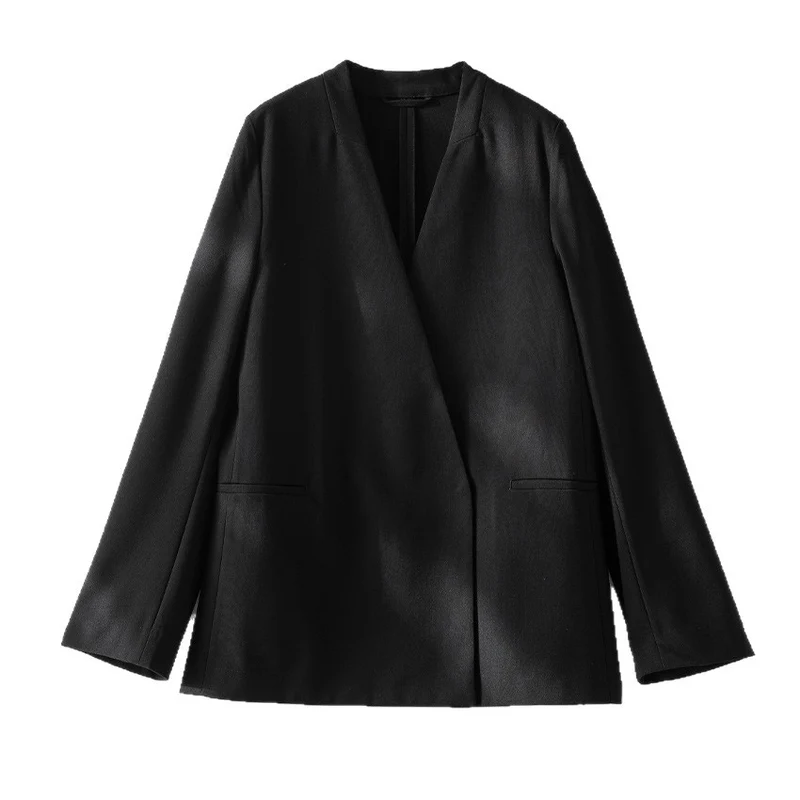Damen kragenloser Longline-Blazer mit offenem V-Ausschnitt und Eingrifftaschen Nord Taschen