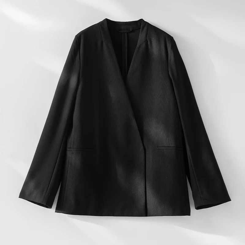 Damen kragenloser Longline-Blazer mit offenem V-Ausschnitt und Eingrifftaschen Nord Taschen
