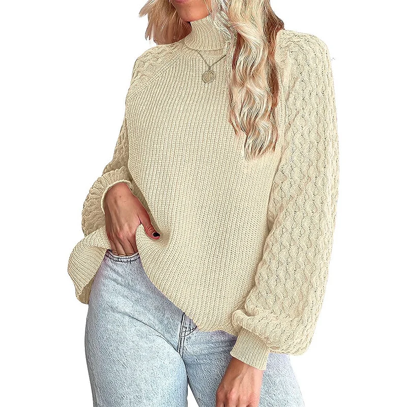 Damen Feinstrickpullover mit Rollkragen und voluminösen Zopfmuster-Ärmeln Nord Taschen