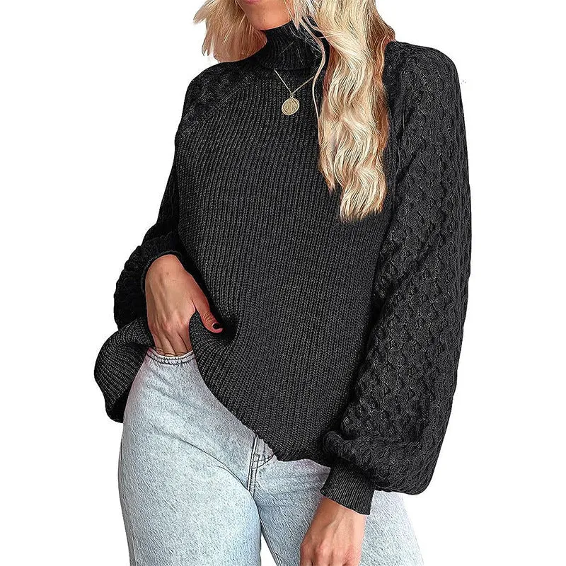 Damen Feinstrickpullover mit Rollkragen und voluminösen Zopfmuster-Ärmeln Nord Taschen