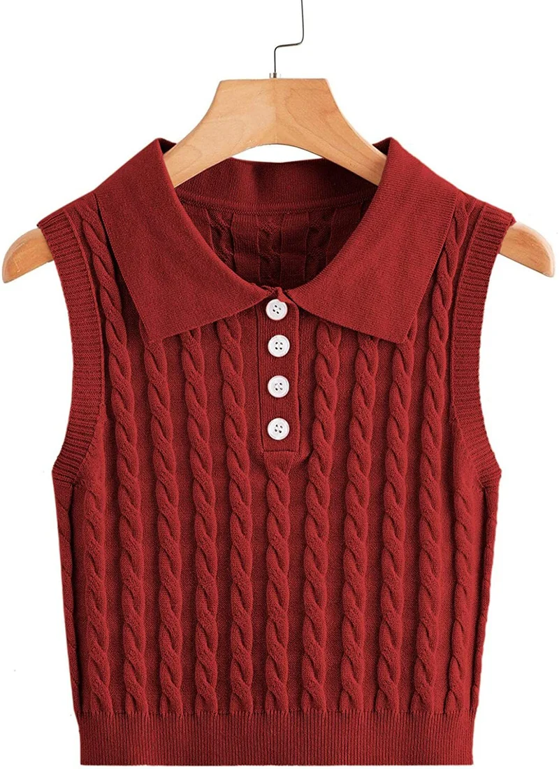 Damen Feinstrick-Ärmellose Polo-Weste mit Zopfmuster und tailliertem Schnitt Nord Taschen