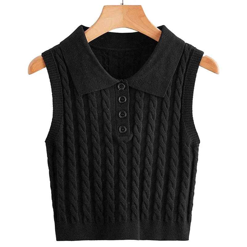Damen Feinstrick-Ärmellose Polo-Weste mit Zopfmuster und tailliertem Schnitt Nord Taschen