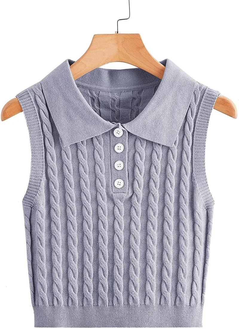 Damen Feinstrick-Ärmellose Polo-Weste mit Zopfmuster und tailliertem Schnitt Nord Taschen