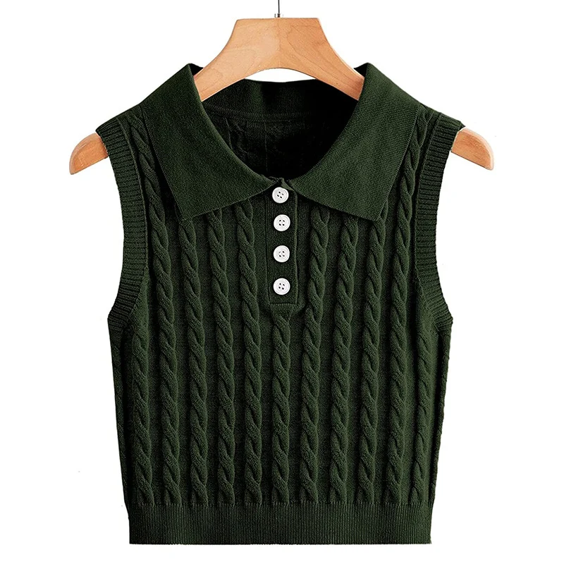 Damen Ärmellose Strickweste mit Polokragen und Zopfmuster Nord Taschen