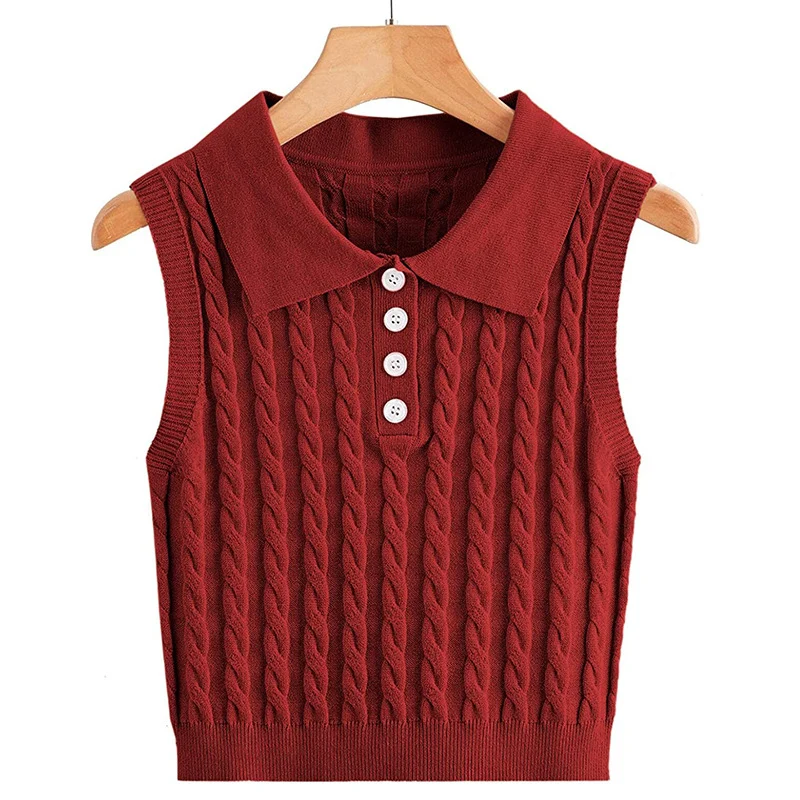 Damen Ärmellose Strickweste mit Polokragen und Zopfmuster Nord Taschen