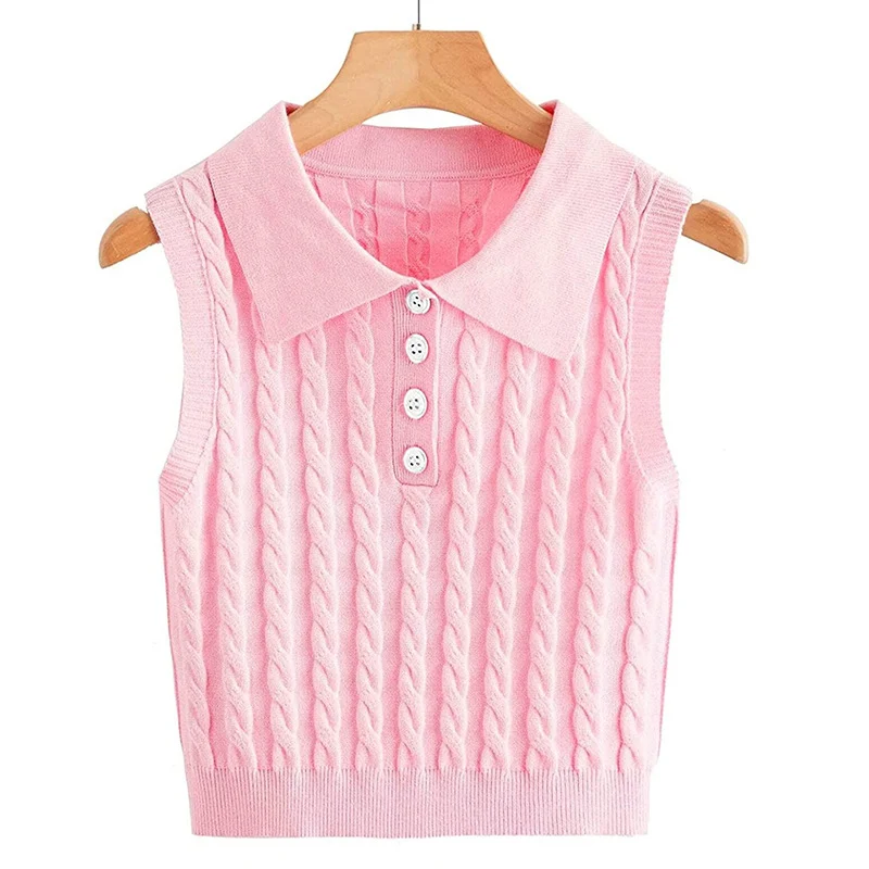 Damen Ärmellose Strickweste mit Polokragen und Zopfmuster Nord Taschen
