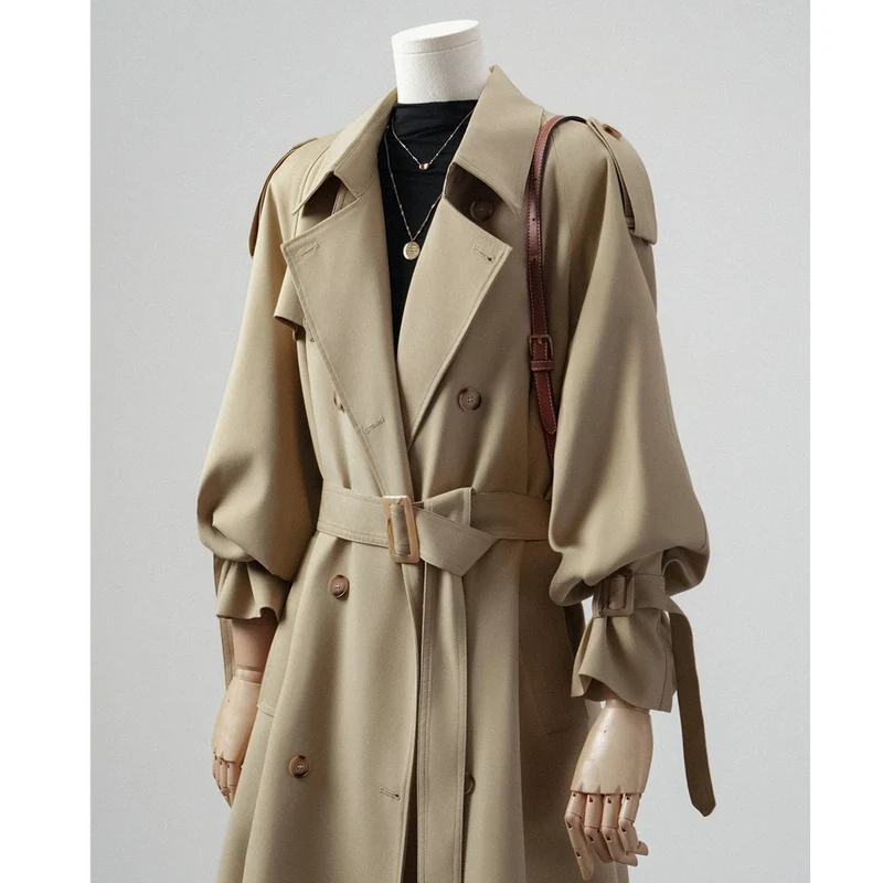 Damen Trenchcoat mit Ballonärmeln, doppelreihiger Schnitt und Taillengürtel Nord Taschen
