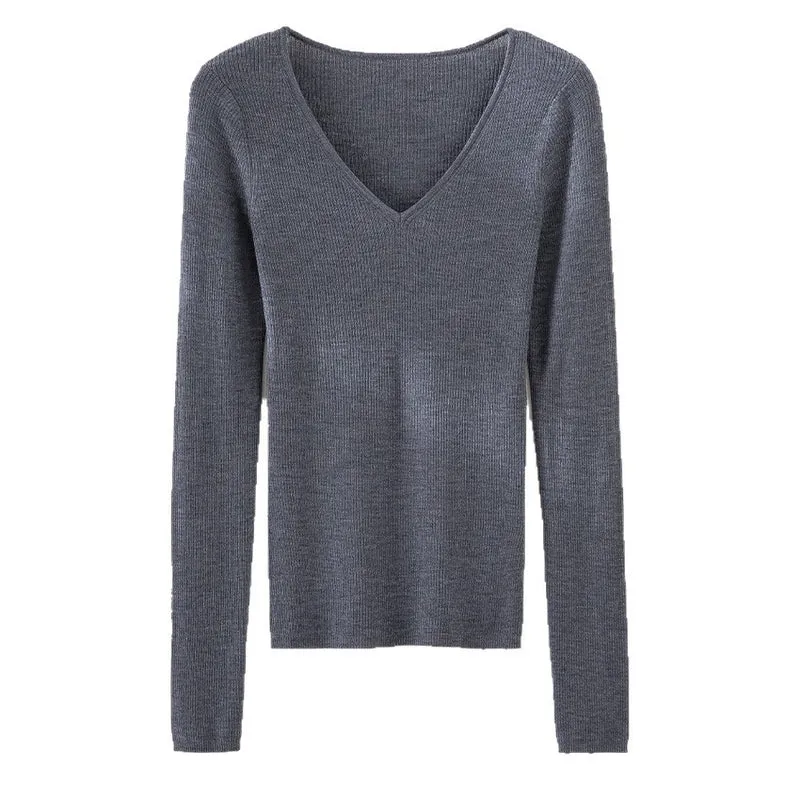 Damen Feiner Rippenstrickpullover mit tiefem V-Ausschnitt und taillierter Passform Nord Taschen