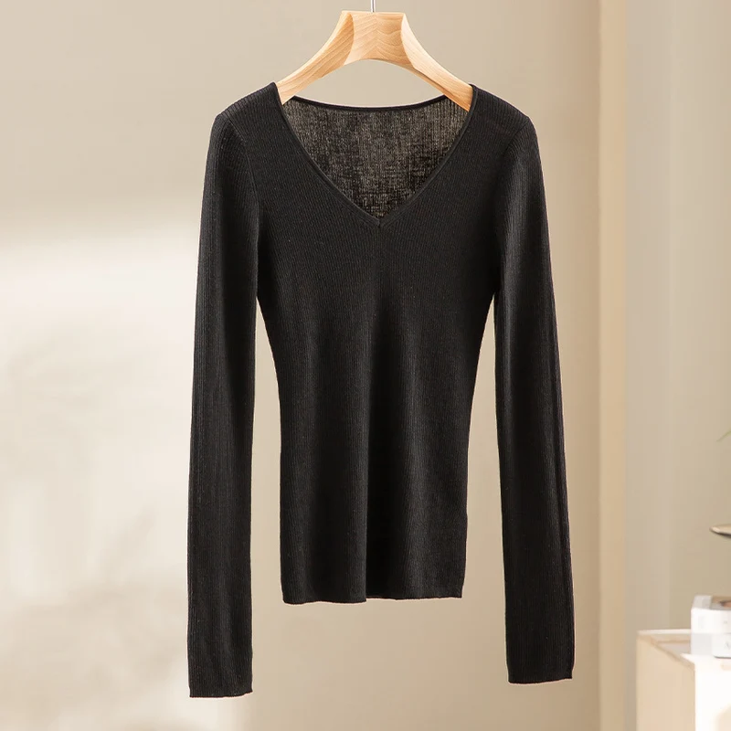 Damen Feiner Rippenstrickpullover mit tiefem V-Ausschnitt und taillierter Passform Nord Taschen