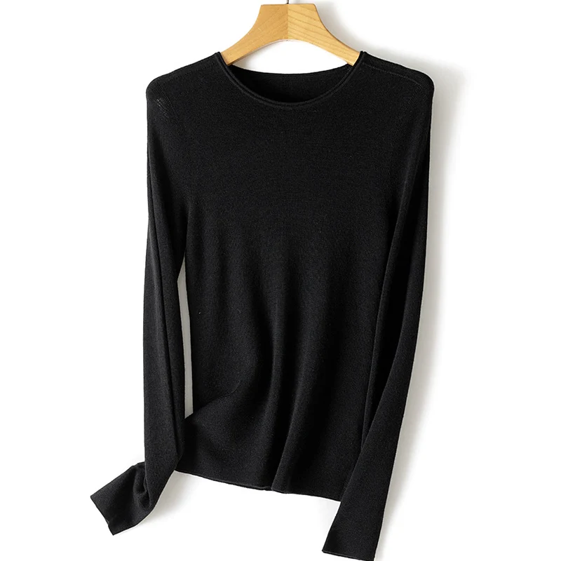 Damen Feiner Langarm-Feinstrickpullover mit Rundhalsausschnitt und schlanker Passform Nord Taschen
