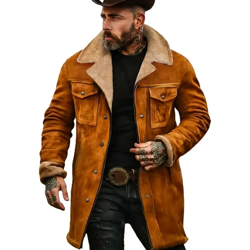 Herren Langer Veloursledermantel mit Teddyfutter und Pattentaschen Nord Taschen