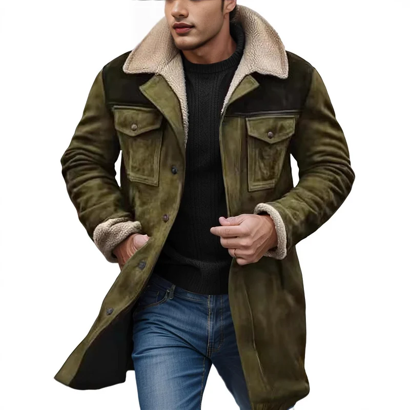 Herren Langer Veloursledermantel mit Teddyfutter und Pattentaschen Nord Taschen