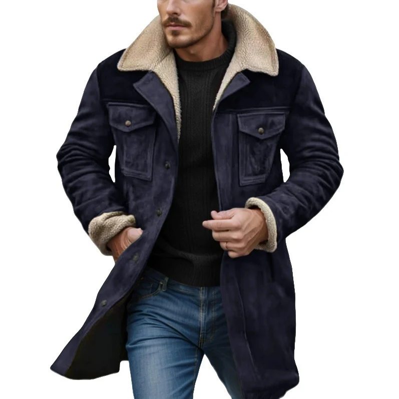 Herren Langer Veloursledermantel mit Teddyfutter und Pattentaschen Nord Taschen