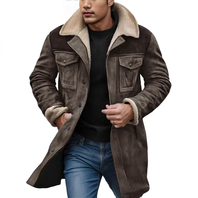 Herren Langer Veloursledermantel mit Teddyfutter und Pattentaschen Nord Taschen