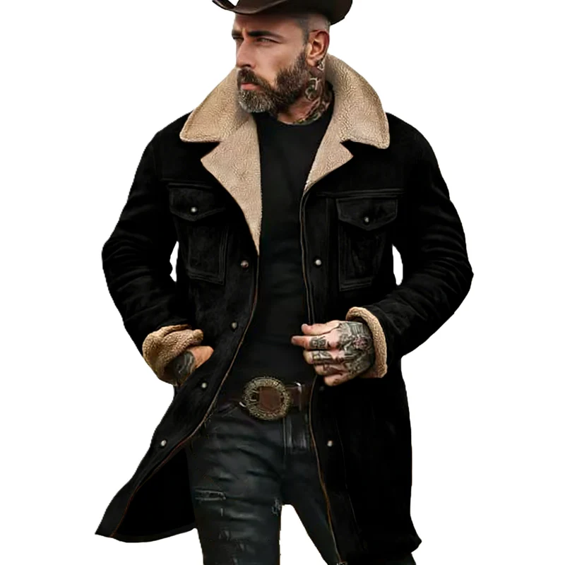 Herren Langer Veloursledermantel mit Teddyfutter und Pattentaschen Nord Taschen