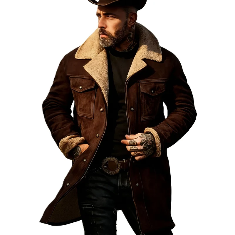 Herren Langer Veloursledermantel mit Teddyfutter und Pattentaschen Nord Taschen