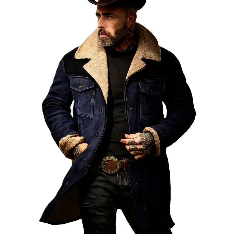 Herren Langer Veloursledermantel mit Teddyfutter und Pattentaschen Nord Taschen