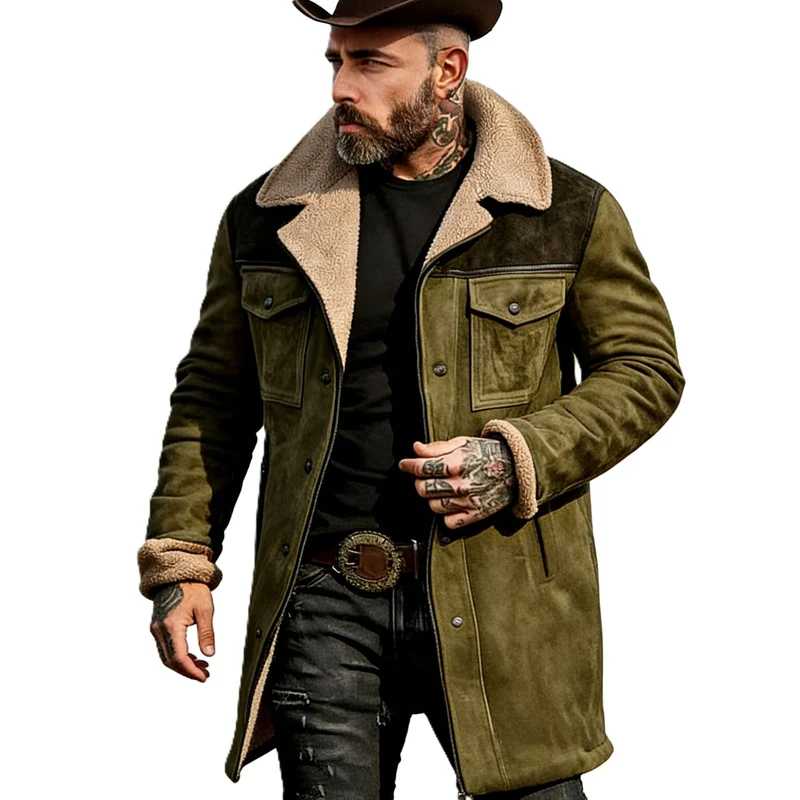 Herren Langer Veloursledermantel mit Teddyfutter und Pattentaschen Nord Taschen