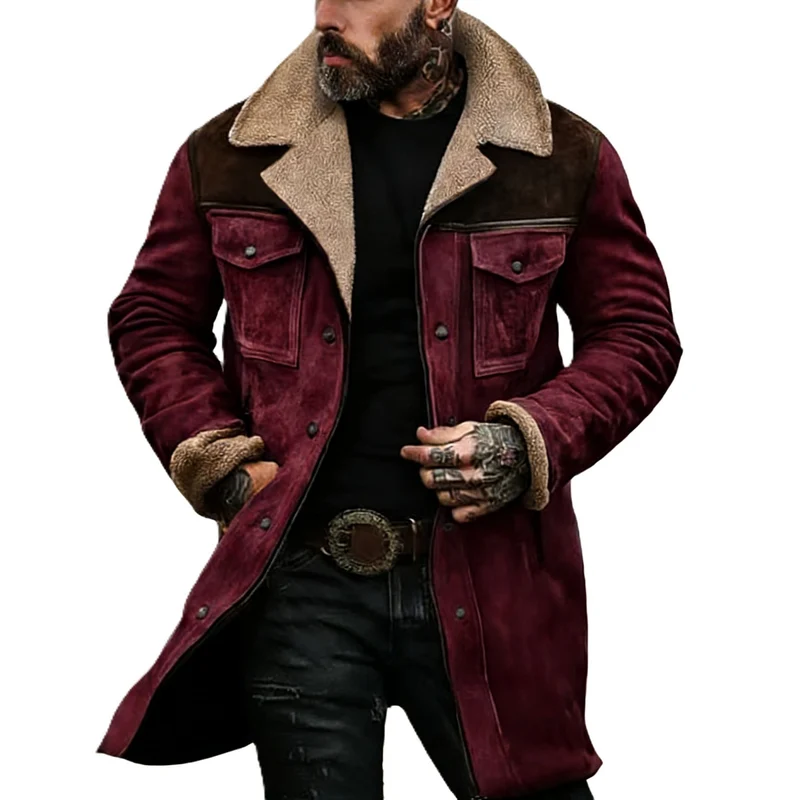 Herren Langer Veloursledermantel mit Teddyfutter und Pattentaschen Nord Taschen