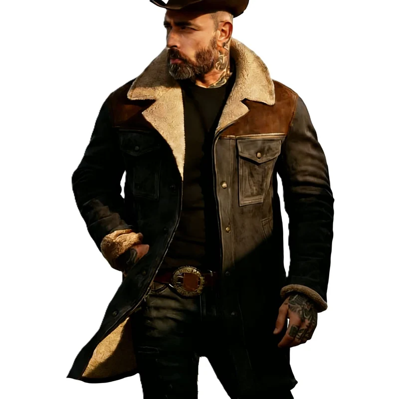 Herren Langer Veloursledermantel mit Teddyfutter und Pattentaschen Nord Taschen
