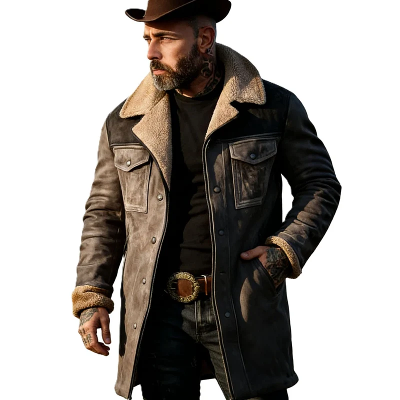 Herren Langer Veloursledermantel mit Teddyfutter und Pattentaschen Nord Taschen