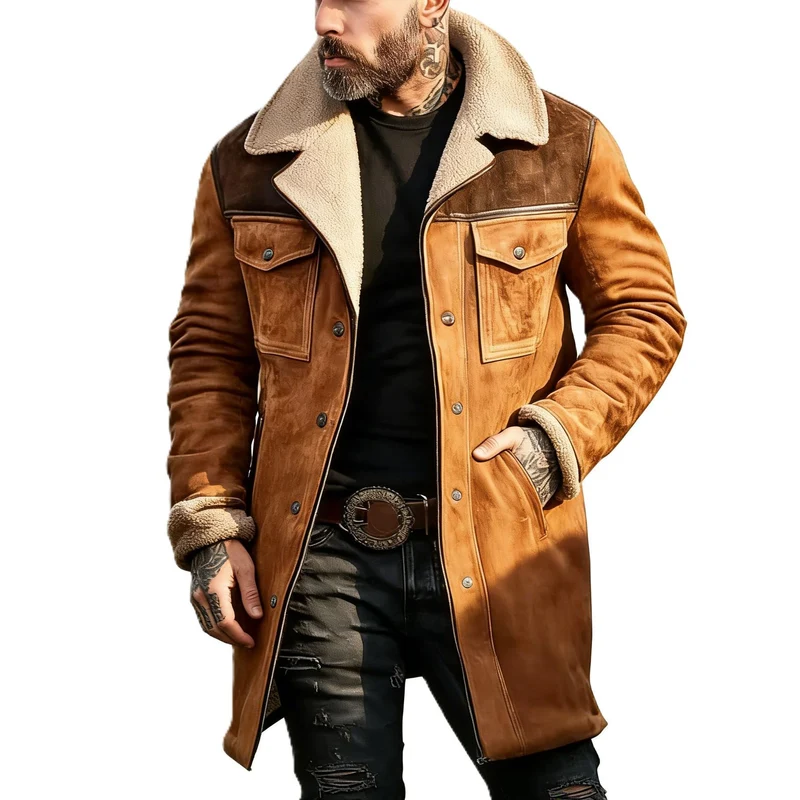 Herren Langer Veloursledermantel mit Teddyfutter und Pattentaschen Nord Taschen