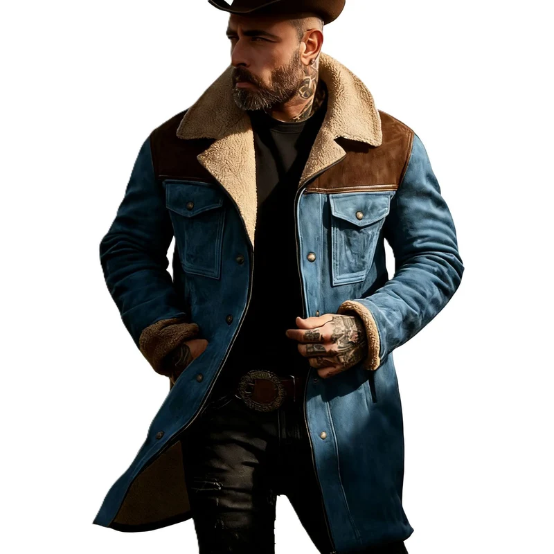 Herren Langer Veloursledermantel mit Teddyfutter und Pattentaschen Nord Taschen