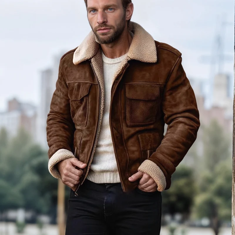 Herren Lammfell‑Imitat‑Fliegerjacke im Vintage‑Lederlook Nord Taschen