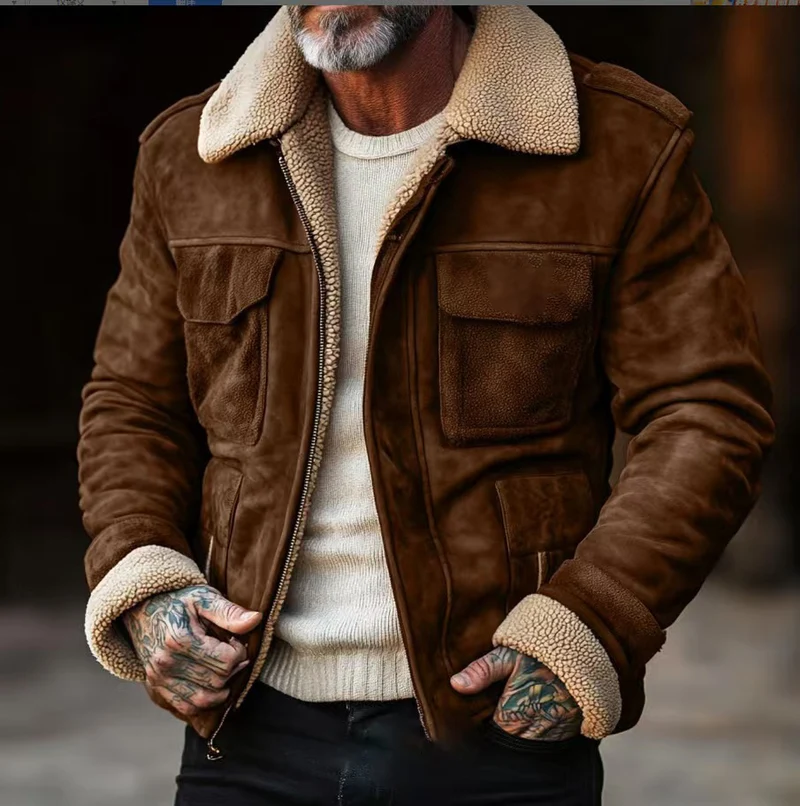 Herren Lammfell‑Imitat‑Fliegerjacke im Vintage‑Lederlook Nord Taschen