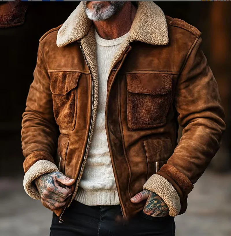 Herren Lammfell‑Imitat‑Fliegerjacke im Vintage‑Lederlook Nord Taschen