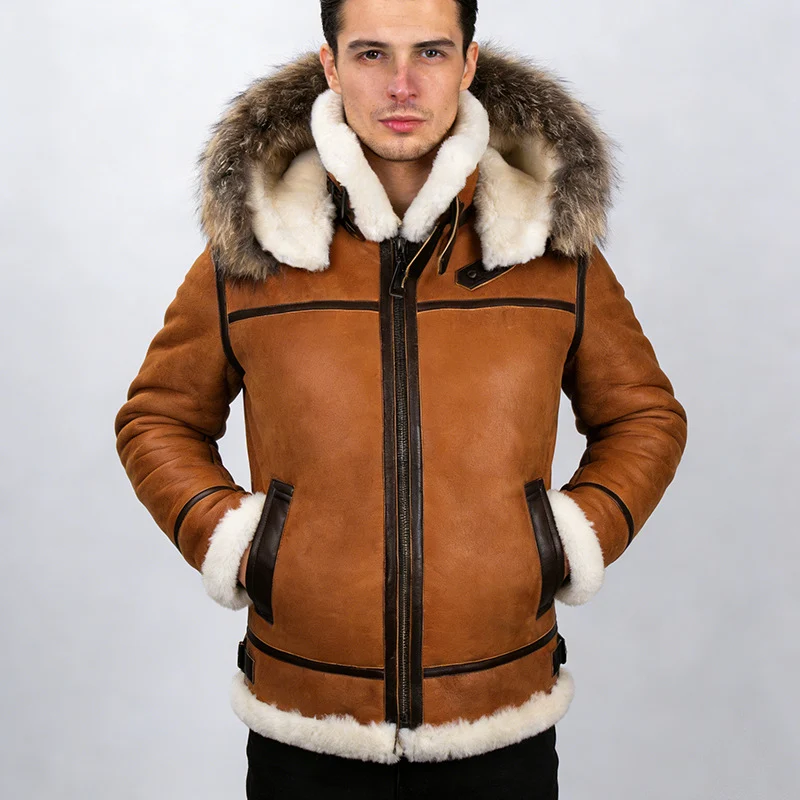 Herren Lammfell-Bomberjacke im Aviator-Stil mit Kapuze und Kontrastlederbesatz Nord Taschen