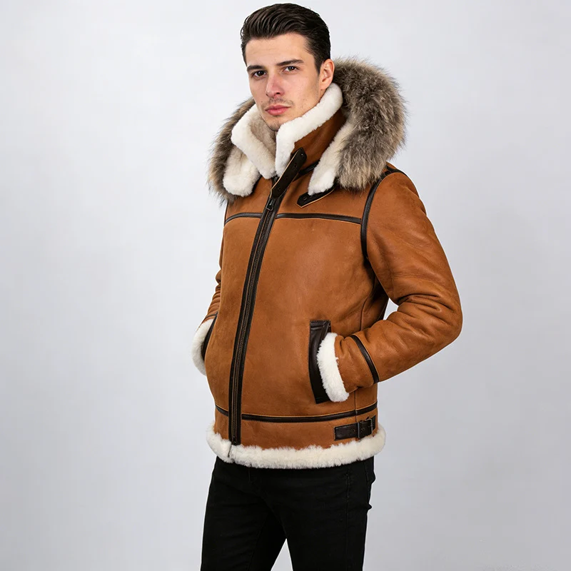 Herren Lammfell-Bomberjacke im Aviator-Stil mit Kapuze und Kontrastlederbesatz Nord Taschen