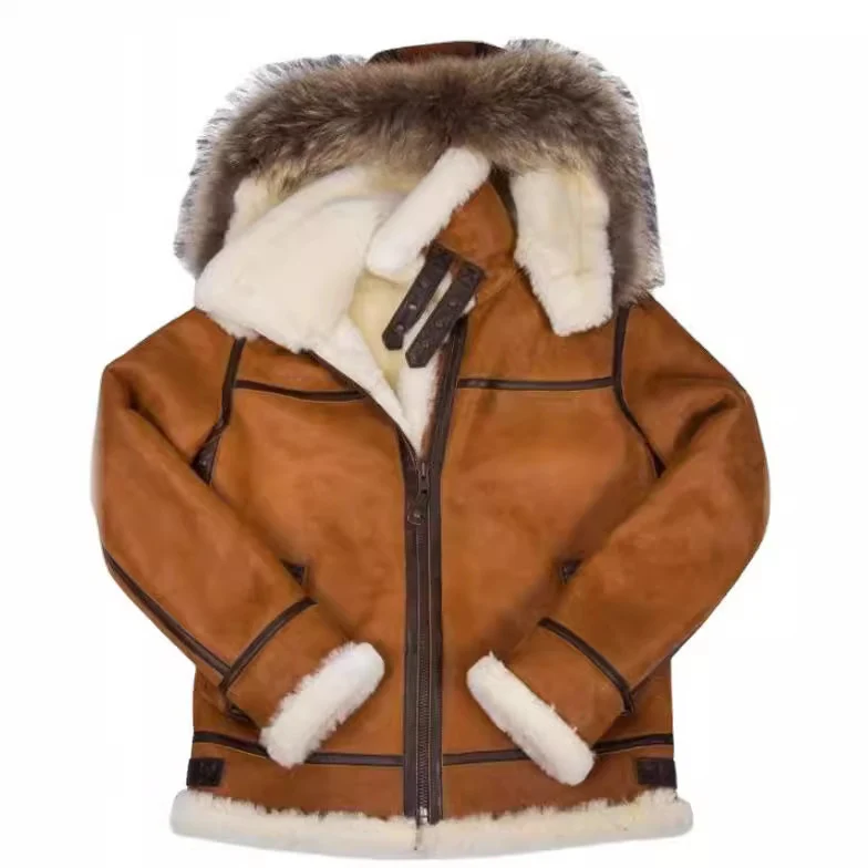 Herren Lammfell-Bomberjacke im Aviator-Stil mit Kapuze und Kontrastlederbesatz Nord Taschen