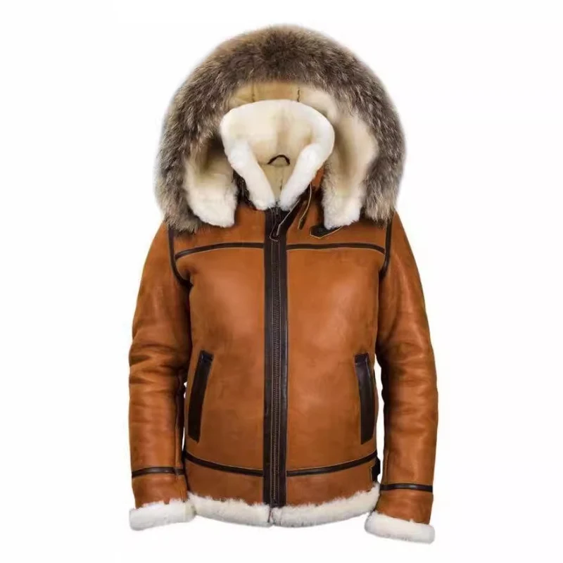 Herren Lammfell-Bomberjacke im Aviator-Stil mit Kapuze und Kontrastlederbesatz Nord Taschen
