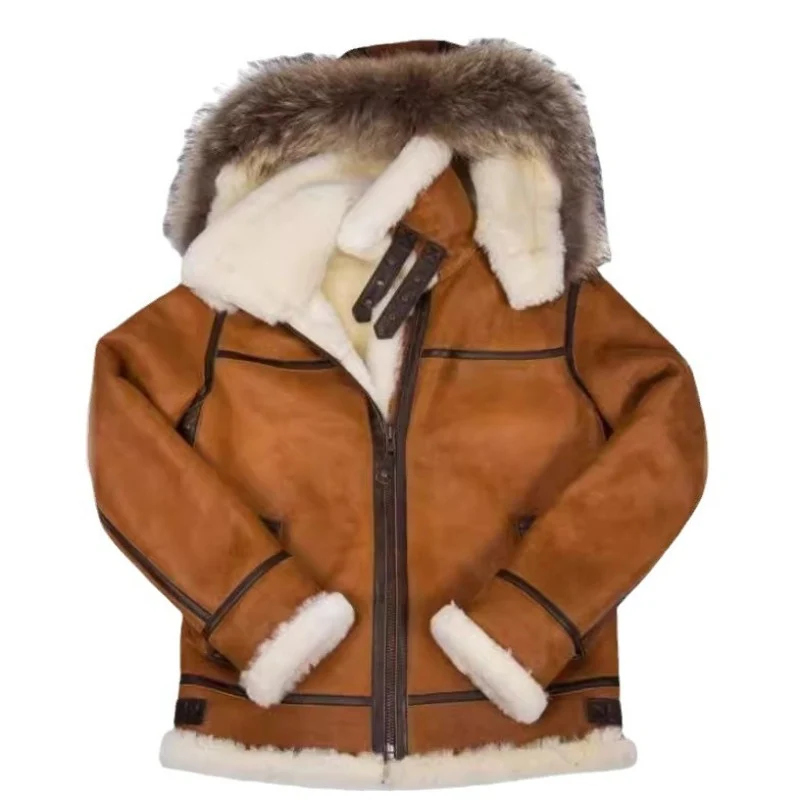 Herren Lammfell-Bomberjacke im Aviator-Stil mit Kapuze und Kontrastlederbesatz Nord Taschen