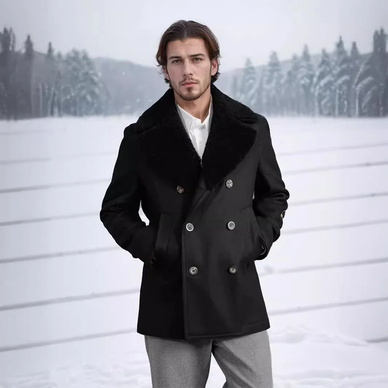 Herren Kurzmantel im Pea‑Coat‑Stil aus Wollmix mit voluminösem Teddykragen und Eingrifftaschen Nord Taschen