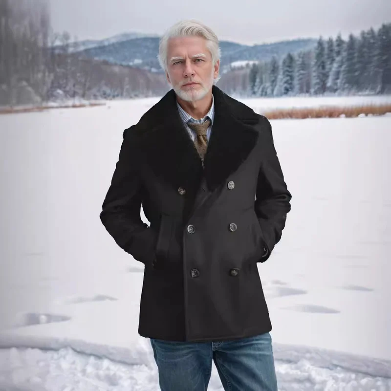 Herren Kurzmantel im Pea‑Coat‑Stil aus Wollmix mit voluminösem Teddykragen und Eingrifftaschen Nord Taschen