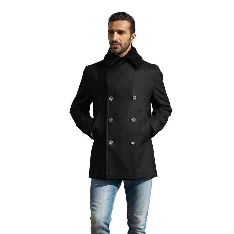 Herren Kurzmantel im Pea‑Coat‑Stil aus Wollmix mit voluminösem Teddykragen und Eingrifftaschen Nord Taschen