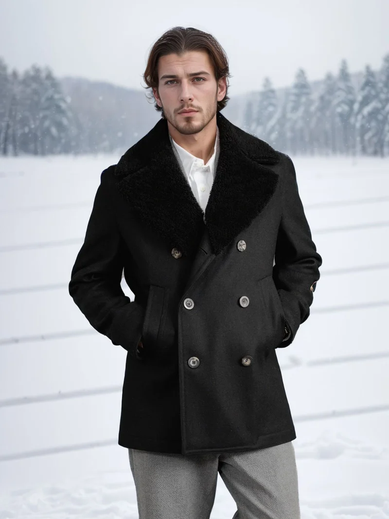 Herren Kurzmantel im Pea‑Coat‑Stil aus Wollmix mit voluminösem Teddykragen und Eingrifftaschen Nord Taschen