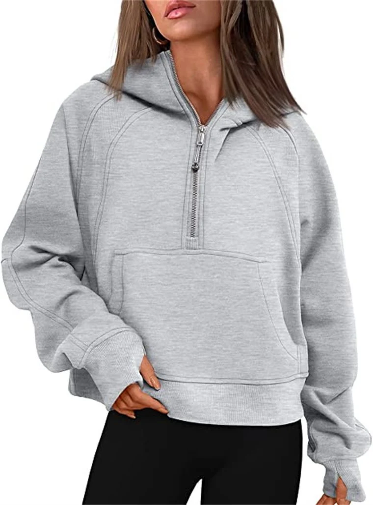 Damen Kurz geschnittener Kapuzenpullover mit halbem Reißverschluss und Kängurutasche Nord Taschen