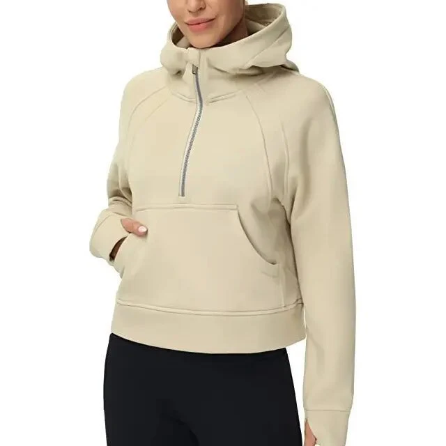 Damen Kurz geschnittener Kapuzenpullover mit halbem Reißverschluss und Kängurutasche Nord Taschen