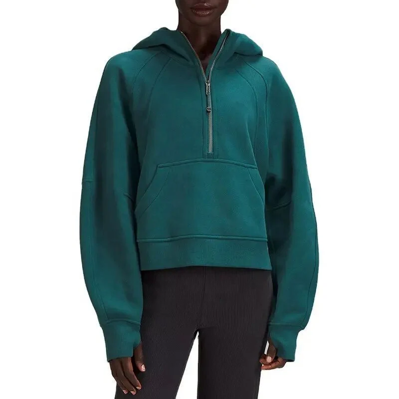 Damen Kurz geschnittener Kapuzenpullover mit halbem Reißverschluss und Kängurutasche Nord Taschen