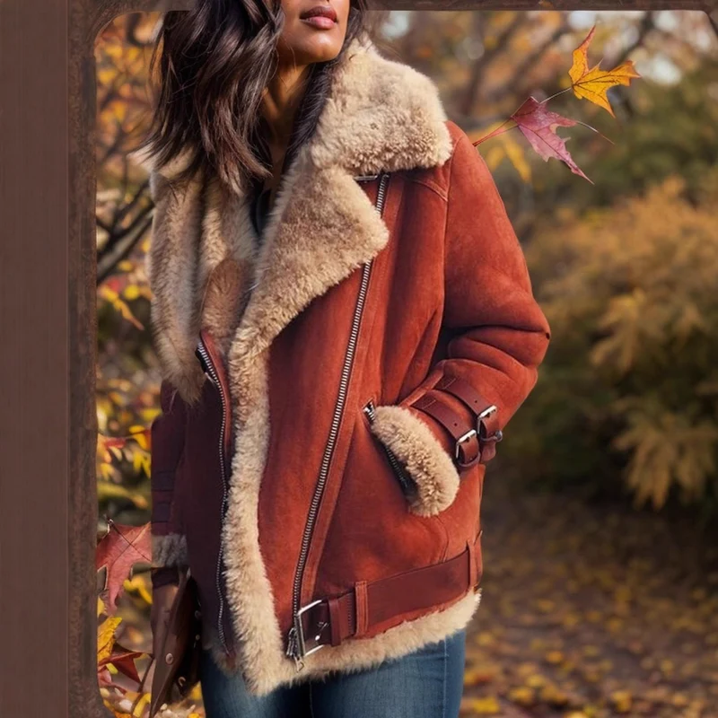 Damen Kurz geschnittene Aviator-Lederjacke mit Teddyfell‑Futter und Reißverschlussdetails Nord Taschen
