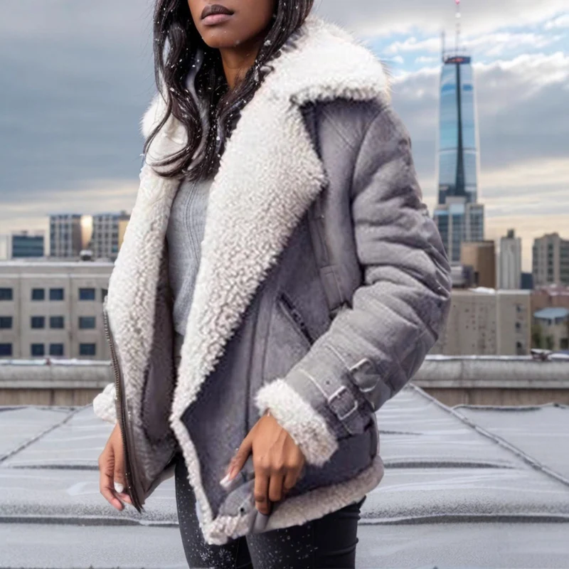 Damen Kurz geschnittene Aviator-Lederjacke mit Teddyfell‑Futter und Reißverschlussdetails Nord Taschen